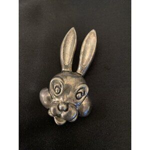 MJ Bunny Pendant Brooch Silver Tone Aged Patina 2.25"